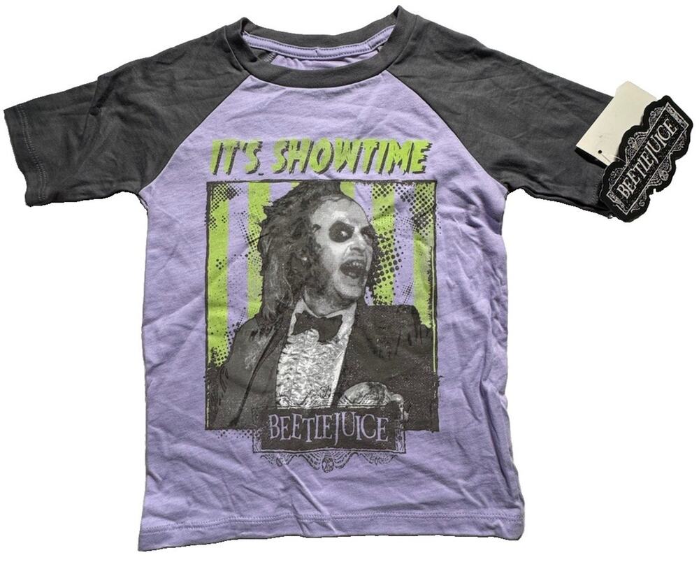 Beetlejuice It’s Showtime Kids XS Purple Raglan Graphic T-Shirt NWT 100% Cotton